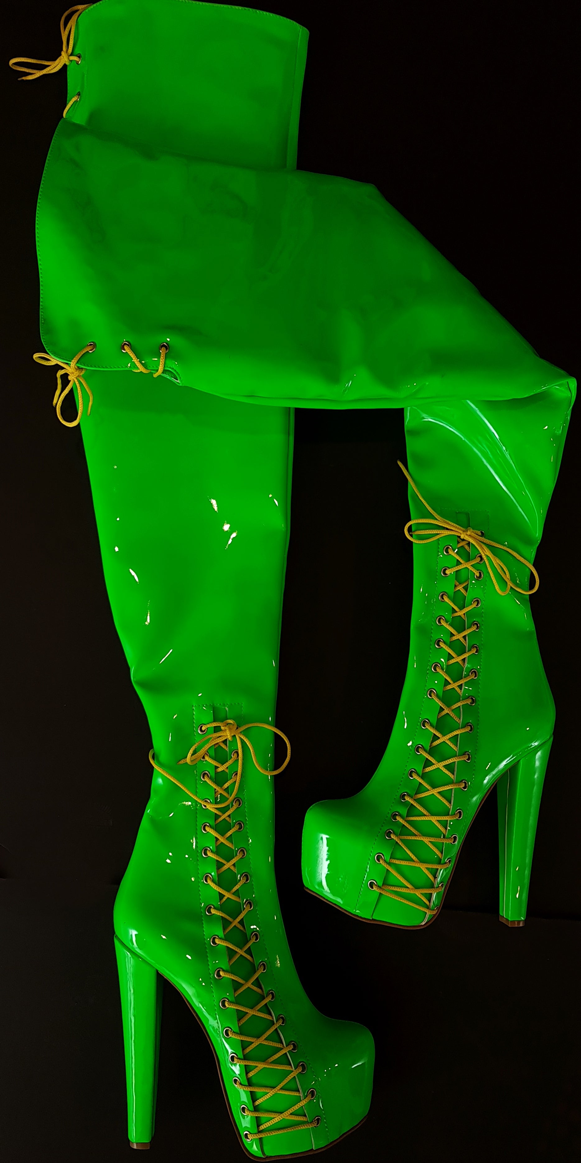 80 cm Thigh High Corset Boots Green Neon