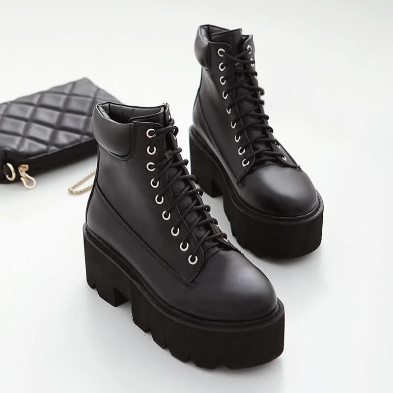 AD12192 Square Heels Lace-up Platform Boots