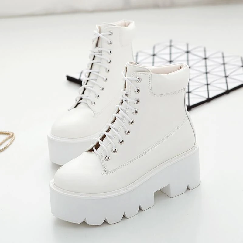 AD12192 Square Heels Lace-up Platform Boots