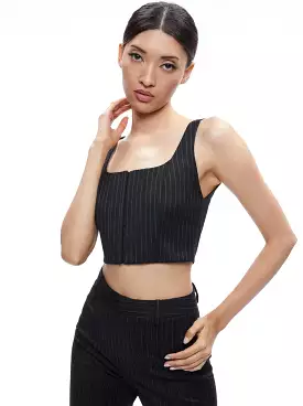 Alice + Olivia Breslin Corset Top Black Pinstripe