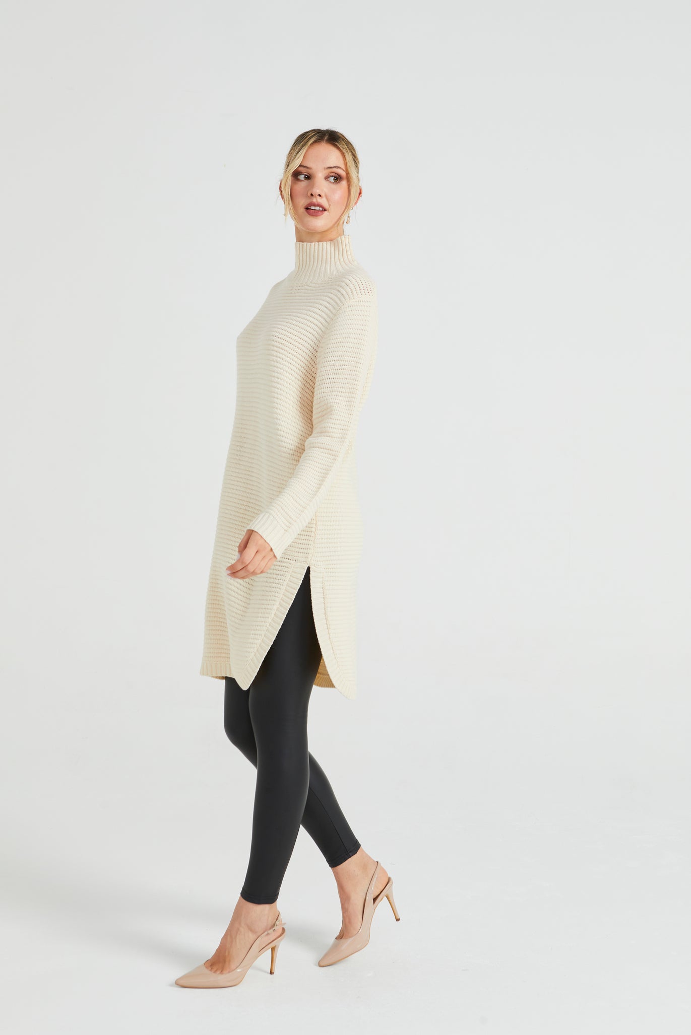 Angeleye High Neck Ribbed Knitted Tunic With Side Slits - Google SEO optimization: High Neck Ribbed Knit Tunic with Side Slits