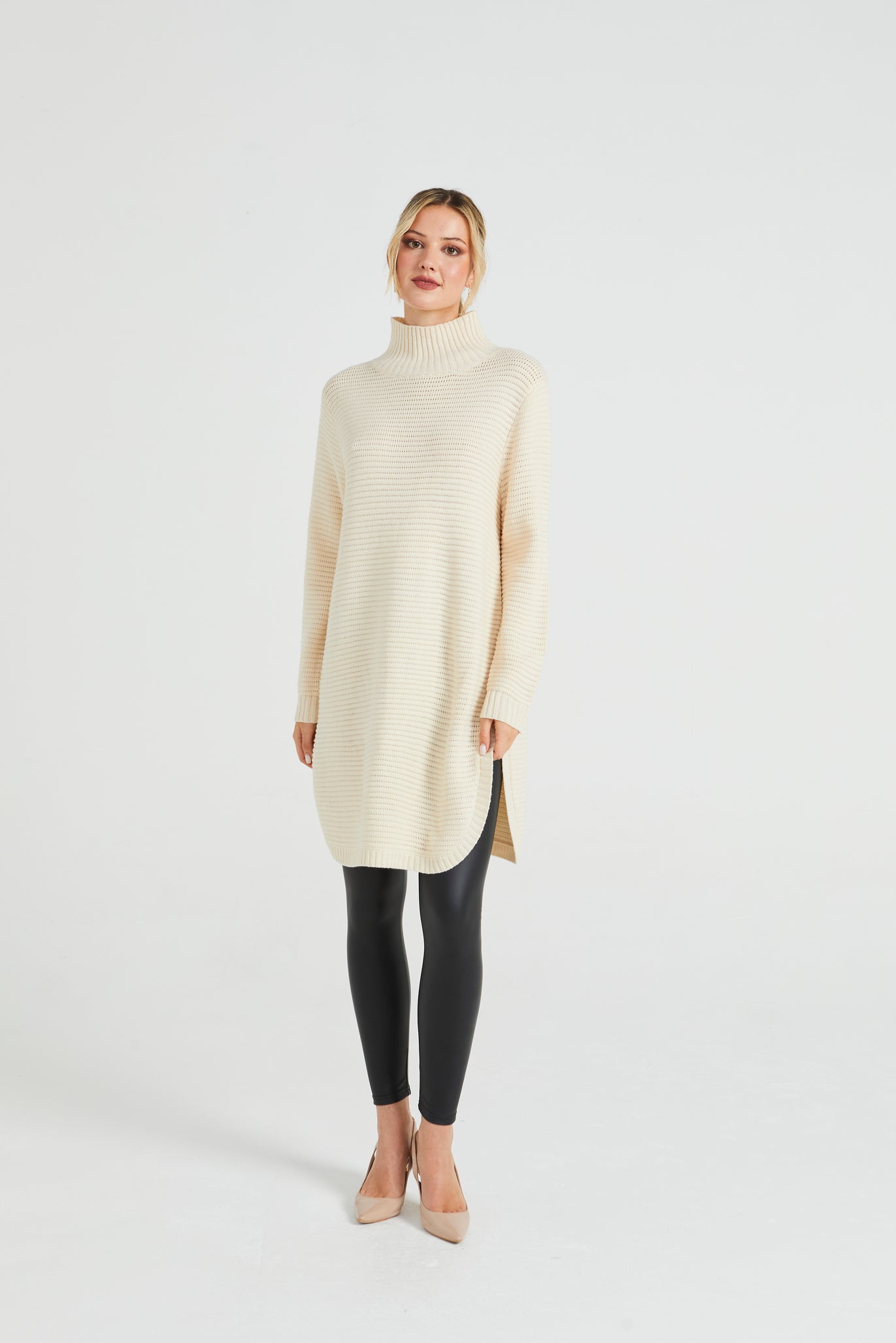 Angeleye High Neck Ribbed Knitted Tunic With Side Slits - Google SEO optimization: High Neck Ribbed Knit Tunic with Side Slits