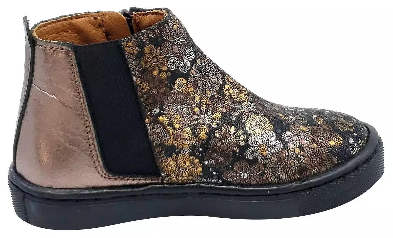 Atlanta Mocassin Girls Leather High-Top Sneaker Booties, Size Zip, Old Gold Floral