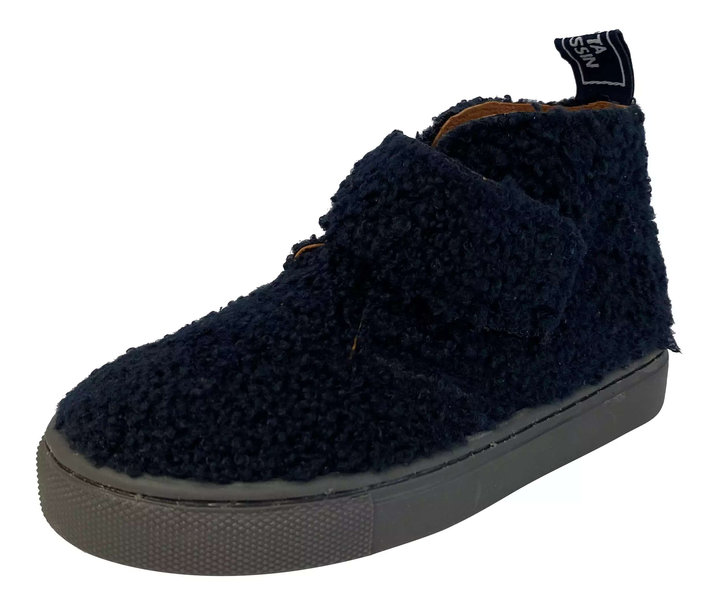 Atlanta Mocassin navy fuzzy booties for boys and girls.