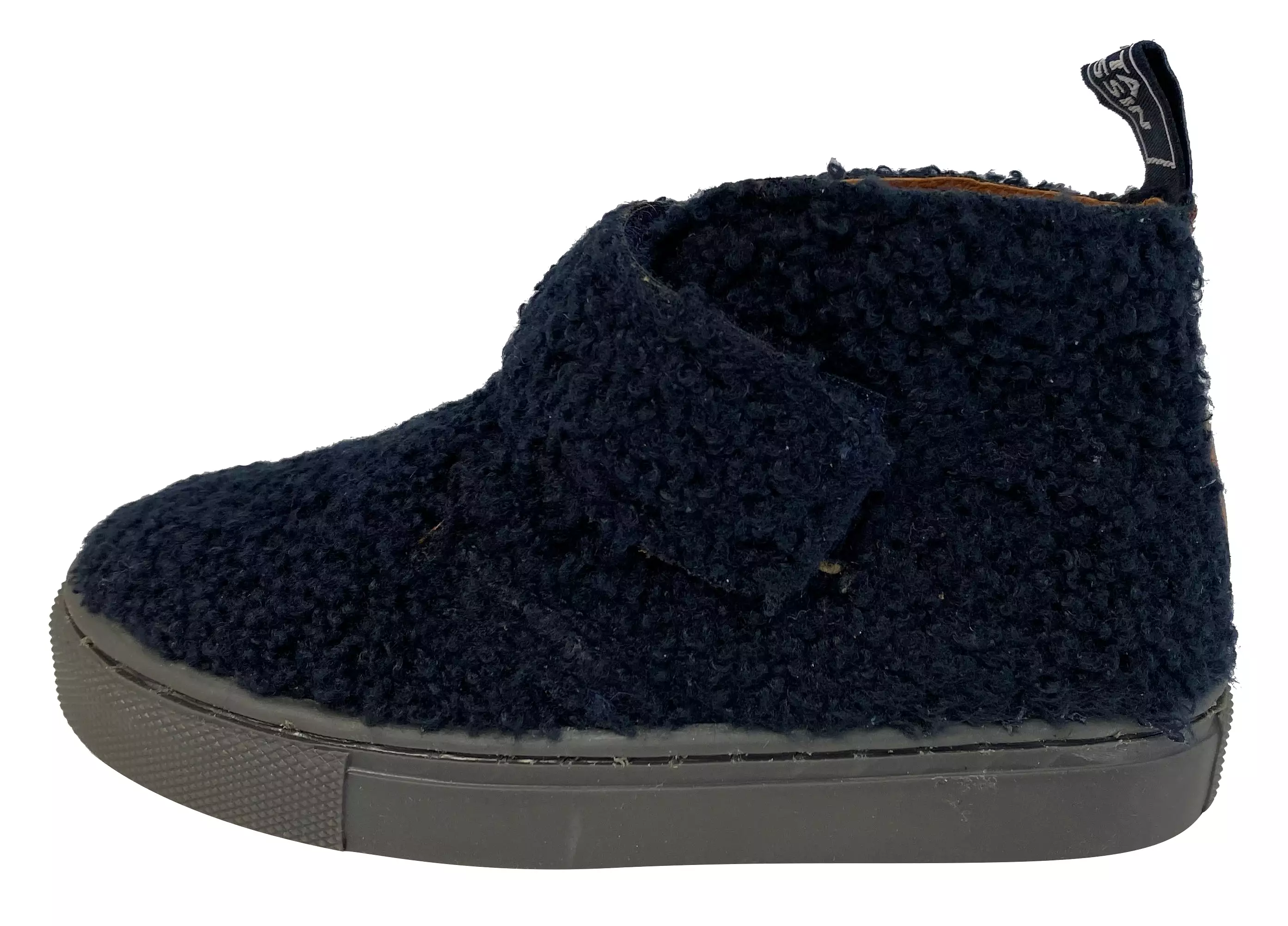 Atlanta Mocassin navy fuzzy booties for boys and girls.