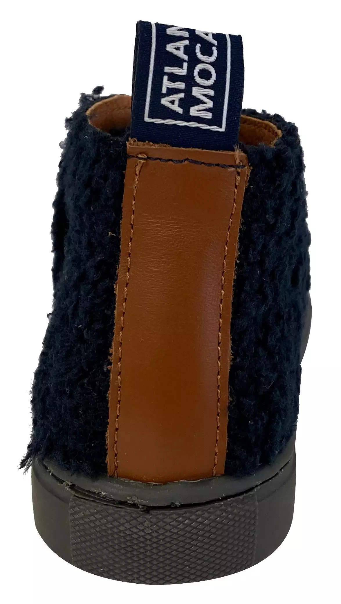 Atlanta Mocassin navy fuzzy booties for boys and girls.