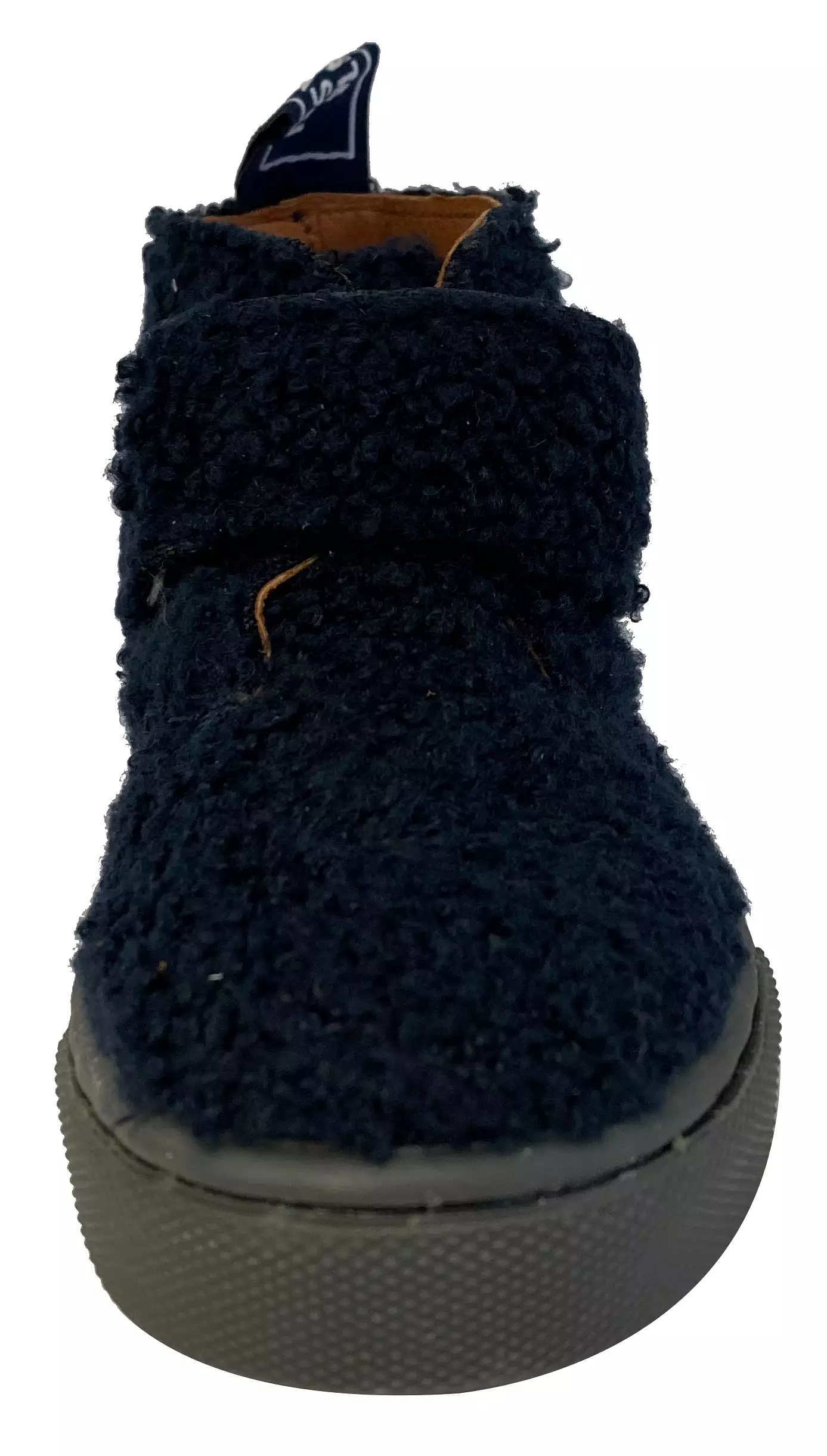 Atlanta Mocassin navy fuzzy booties for boys and girls.