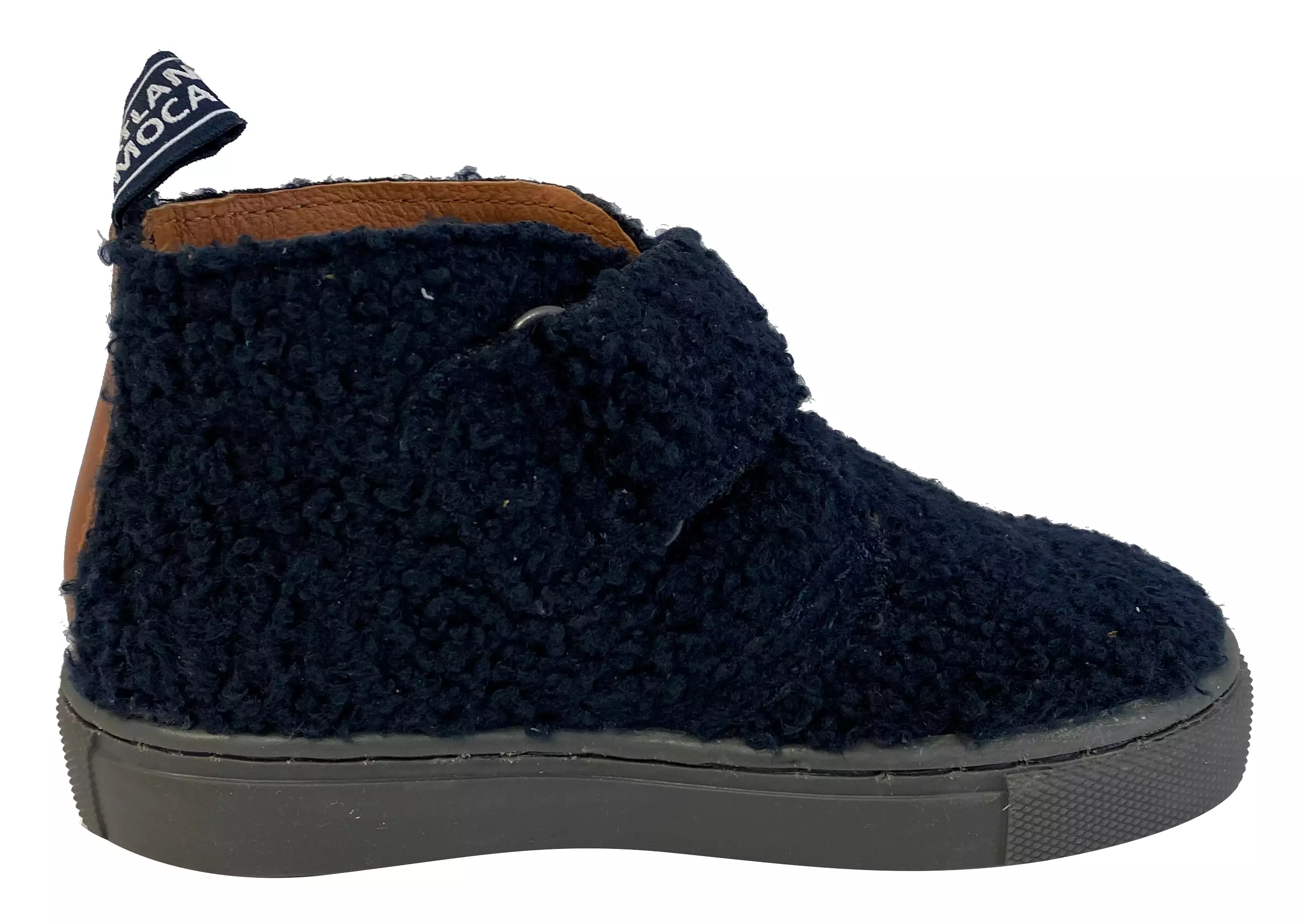 Atlanta Mocassin navy fuzzy booties for boys and girls.