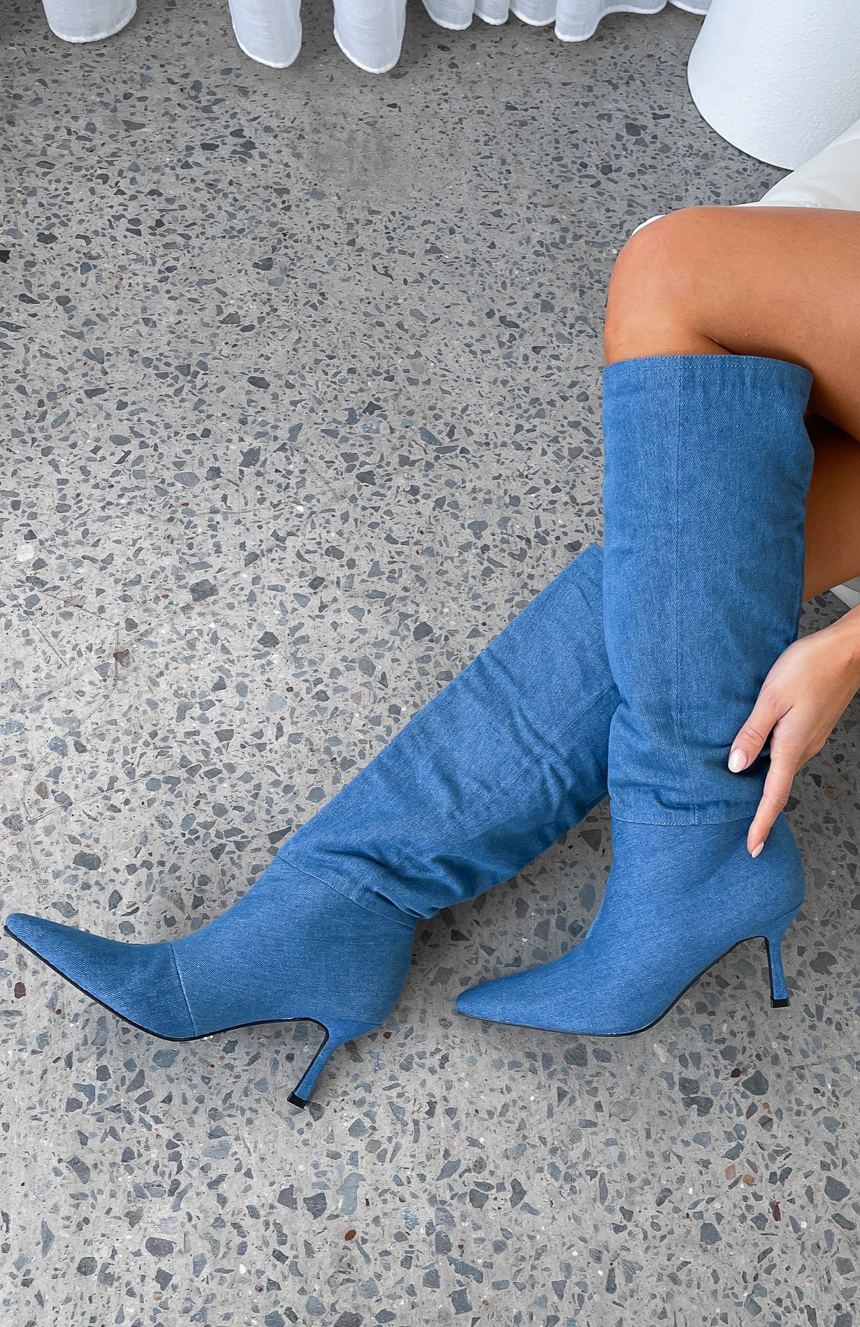 Baby Blue Denim Knee High Boots