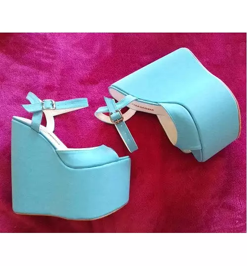 Baby blue wedge heel sandals with black platform high heels shoes.