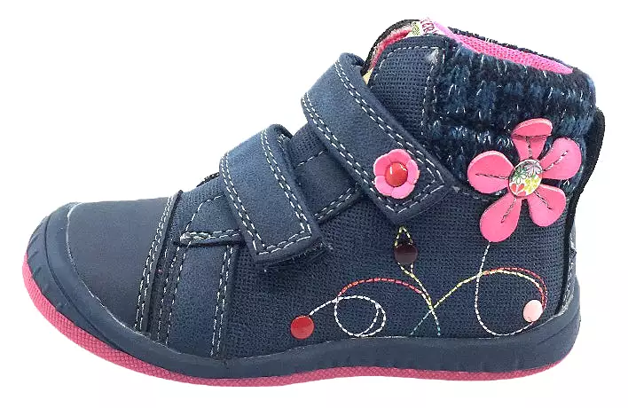 Beeko Girl's Nellie Navy Blue Flower Sneaker Shoes with Double Hook and Loop Closure