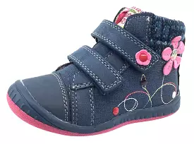 Beeko Girl's Nellie Navy Blue Flower Sneaker Shoes with Double Hook and Loop Closure