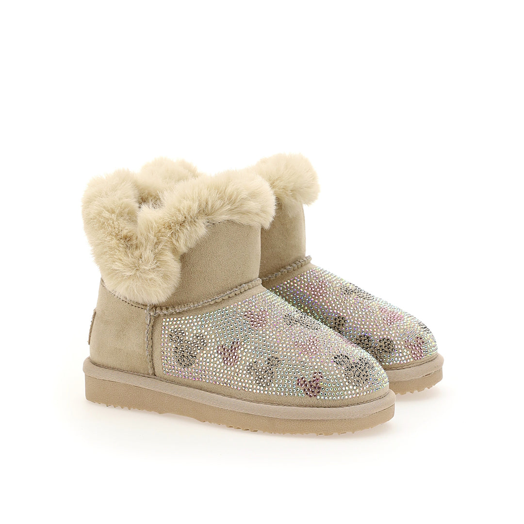 Beige Microstud Winter Boots with Mickey Design