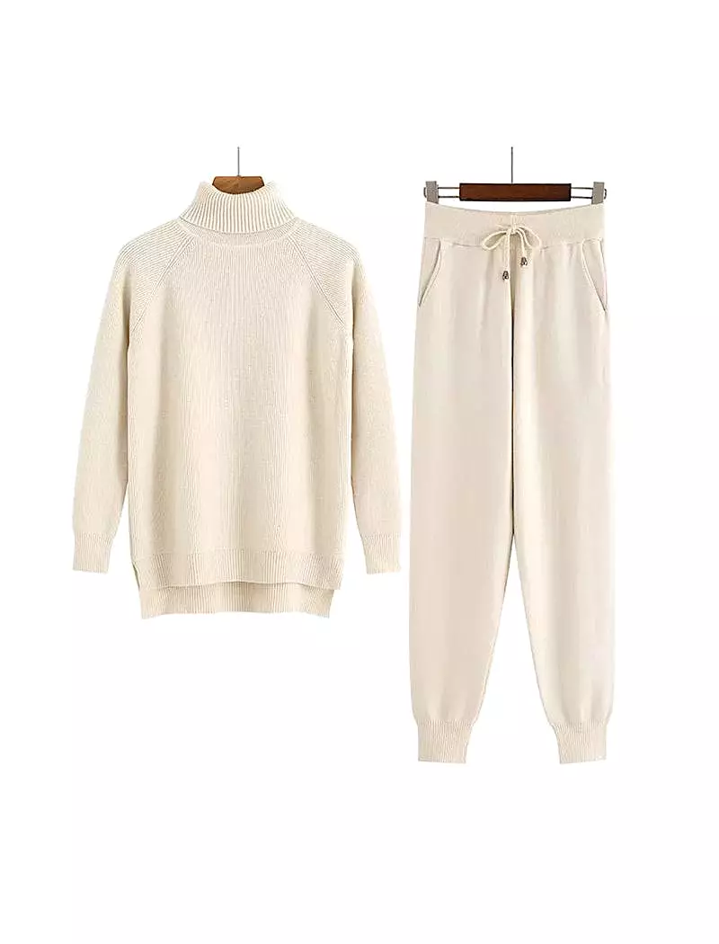 Beige Ribbed Turtleneck Top and Jogging Pant Coord Set