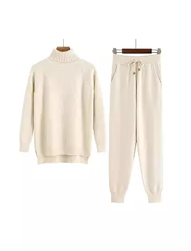 Beige Ribbed Turtleneck Top and Jogging Pant Coord Set