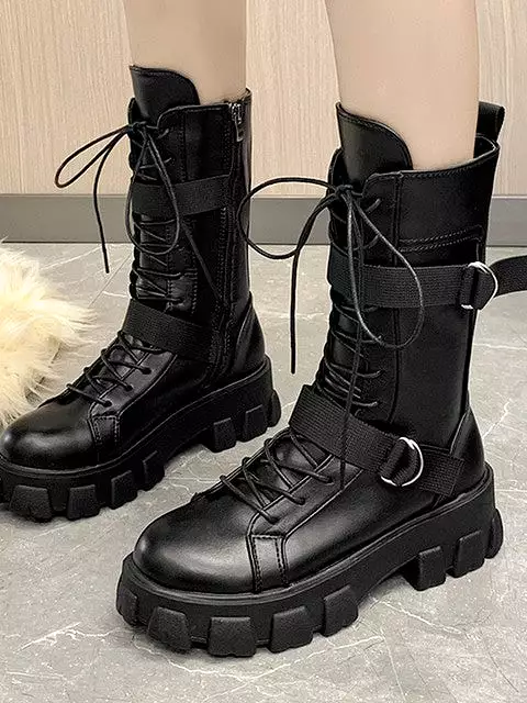 Biker Girl's Boots - 2023 New Lace-Up Platform Shoes: Leather Boots for Women