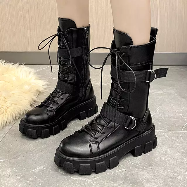 Biker Girl's Boots - 2023 New Lace-Up Platform Shoes: Leather Boots for Women