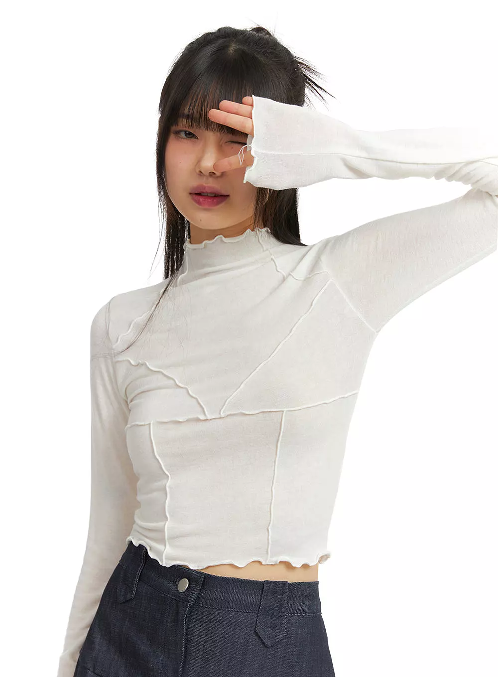 Binding Turtleneck Long Sleeve Top with Contrasting Design