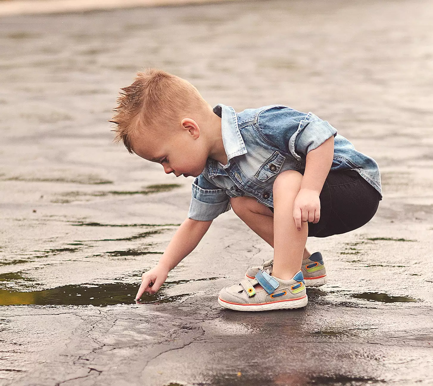 BKO Boys Bandi II Sneaker - Grey and Blue Canvas, Double Hook and Loop Strap