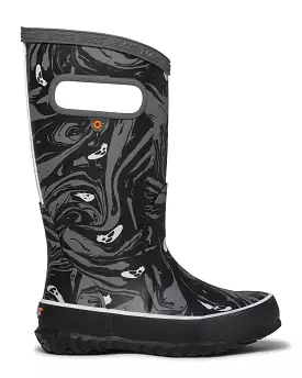 Black and grey multi spooky print rain boots.