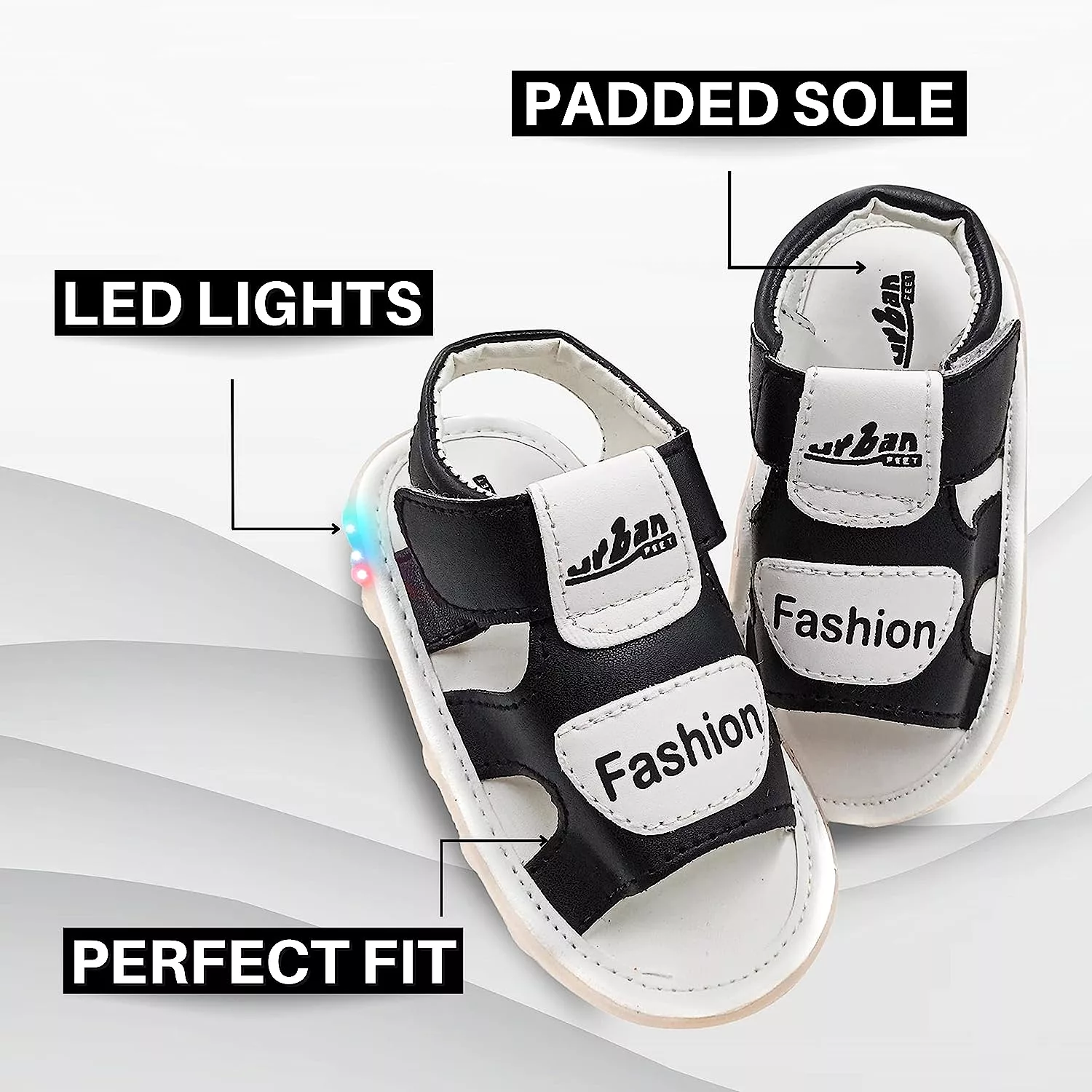 Black and white LED light-up sandals for a fashionable and trendy look.