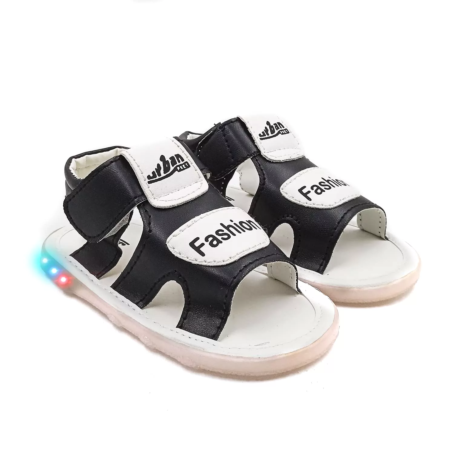 Black and white LED light-up sandals for a fashionable and trendy look.