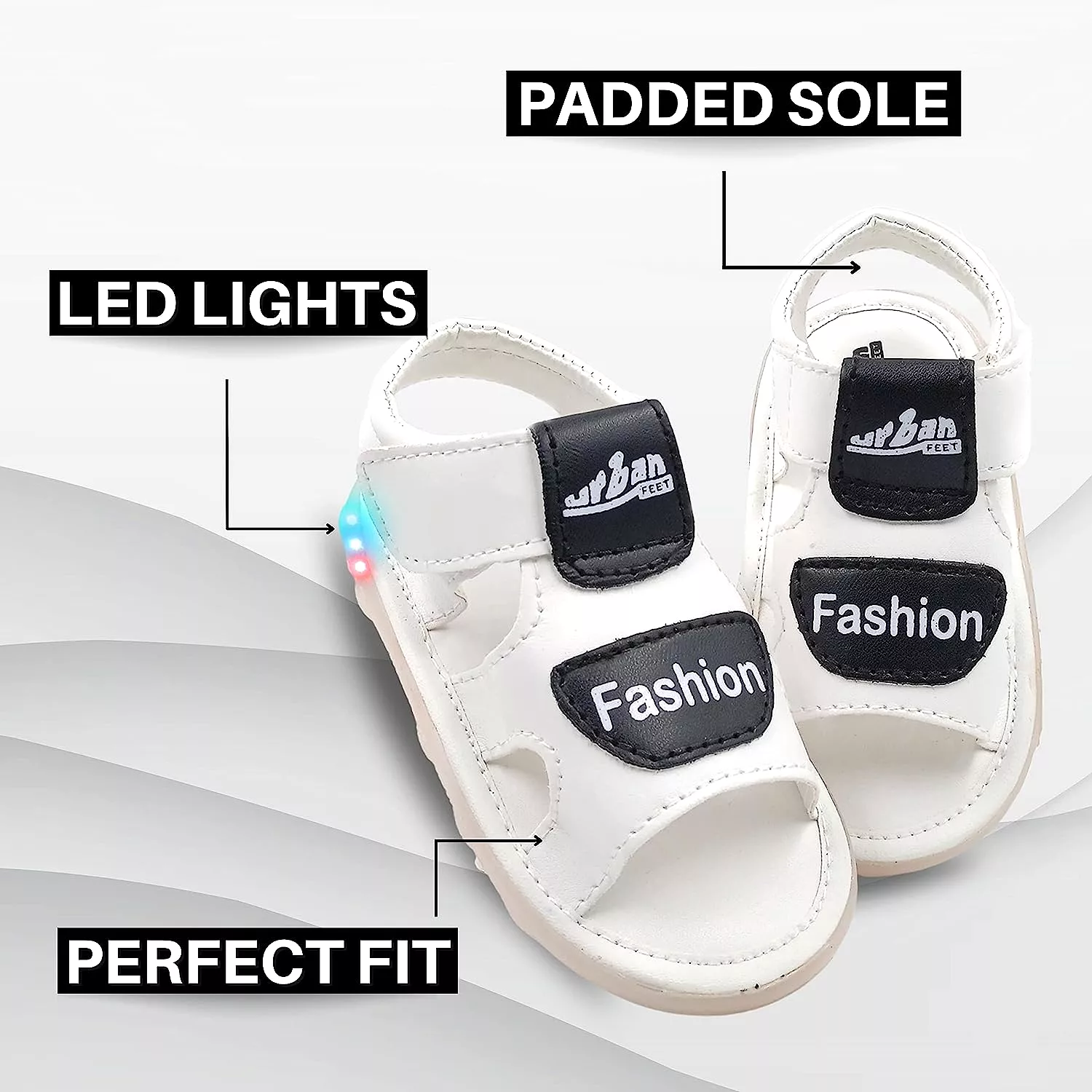 Black and white LED light-up sandals for a fashionable and trendy look.