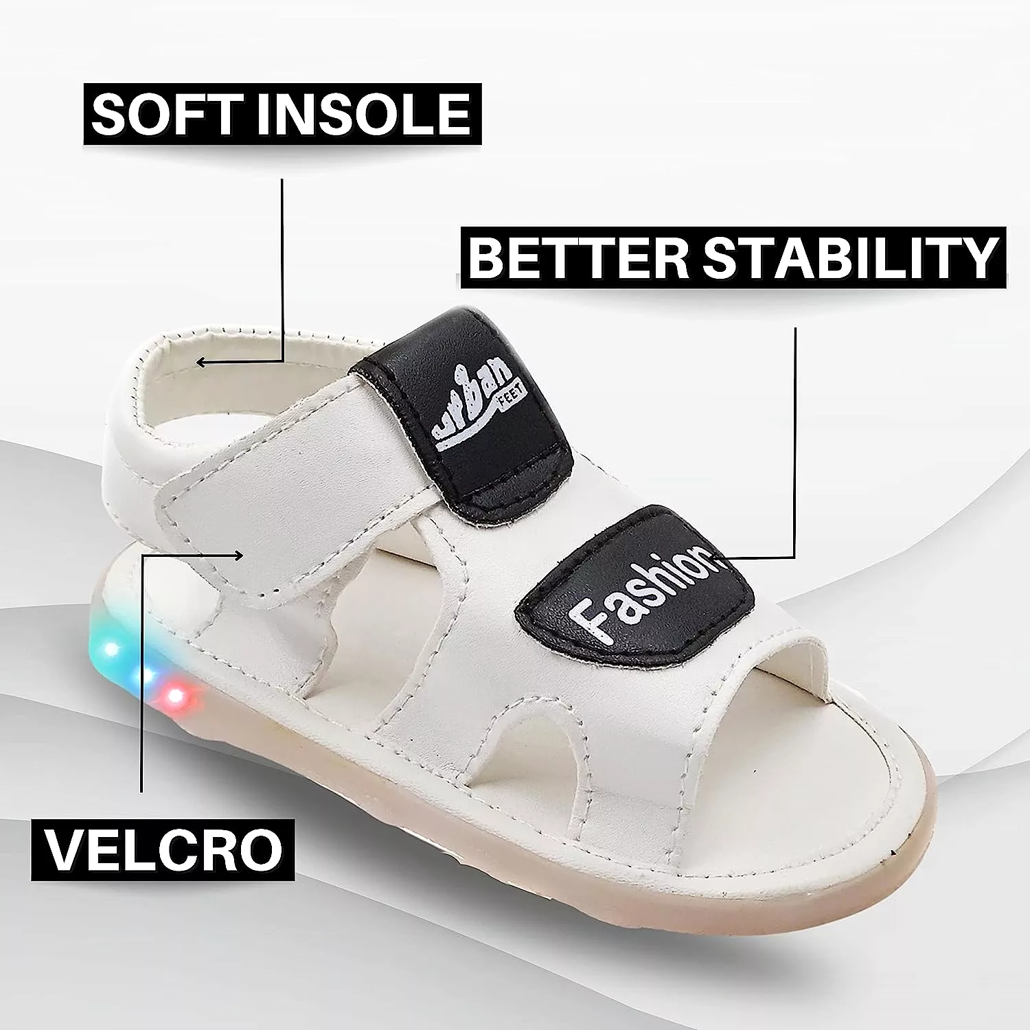 Black and white LED light-up sandals for a fashionable and trendy look.