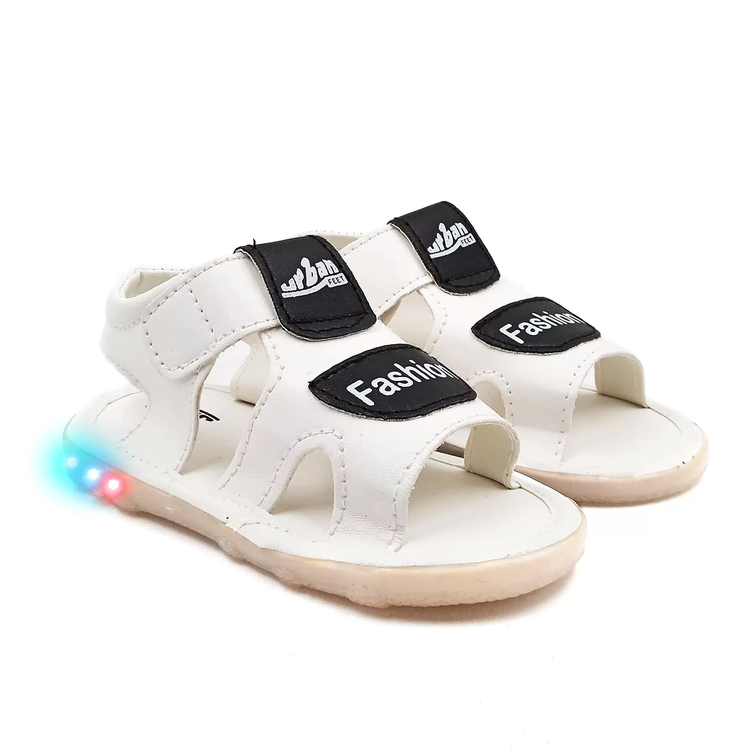 Black and white LED light-up sandals for a fashionable and trendy look.