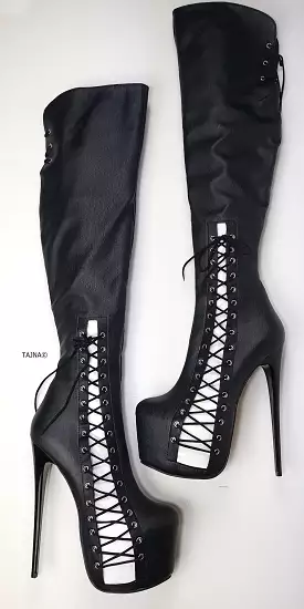 black boots with corset detail, over the knee, matte white