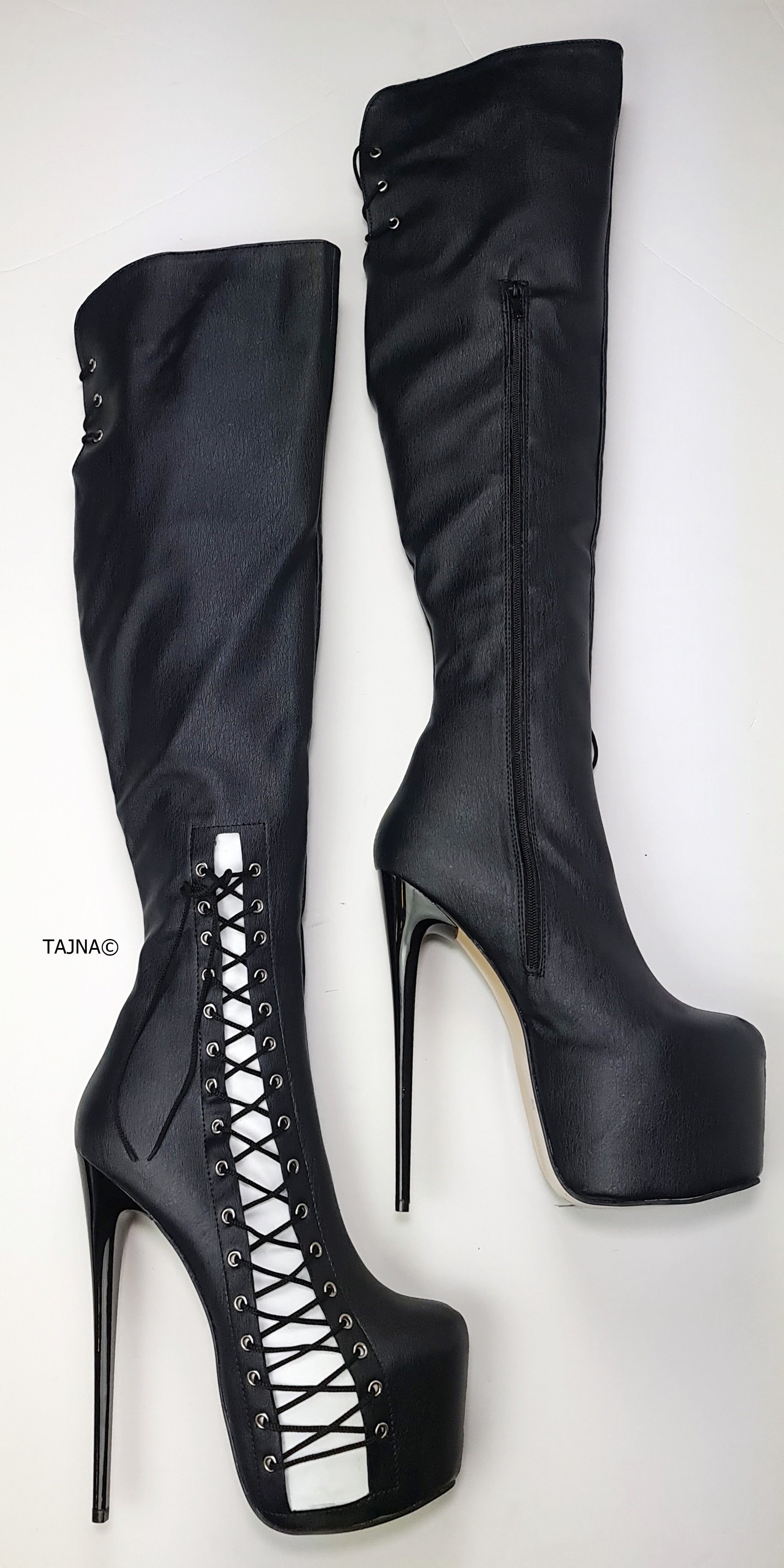 black boots with corset detail, over the knee, matte white