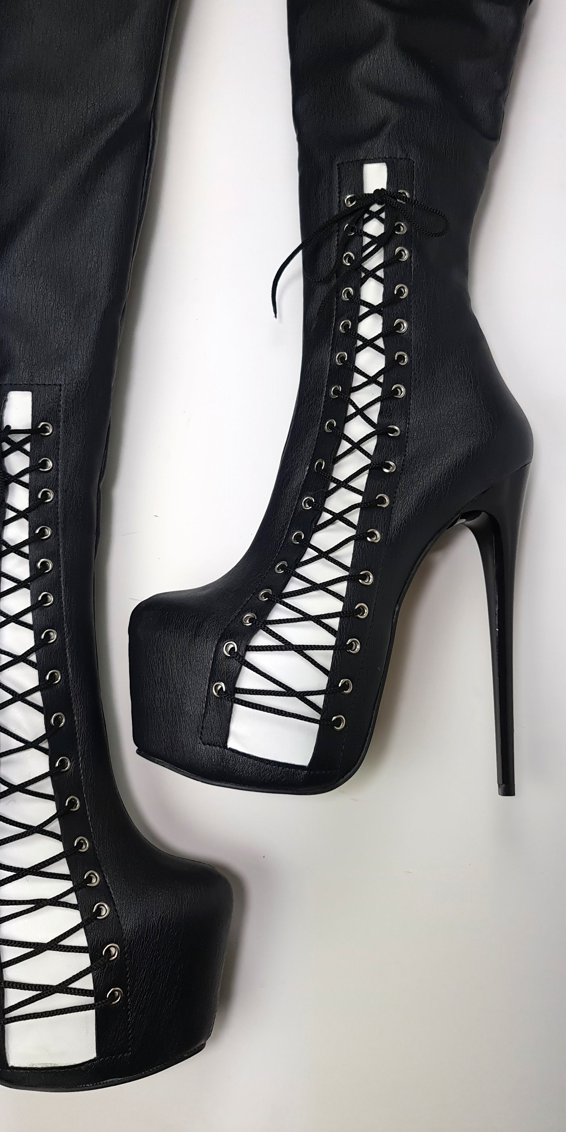 black boots with corset detail, over the knee, matte white