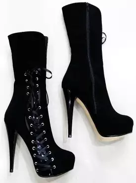 Black suede ankle boots with corset-style detailing