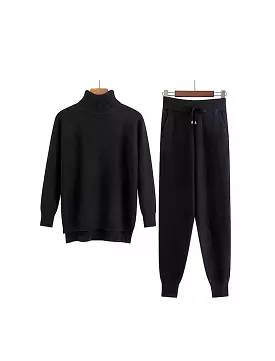 Black Turtleneck Ribbed Long Sleeve Top and Jogging Pant Coord Set - Google SEO optimized.