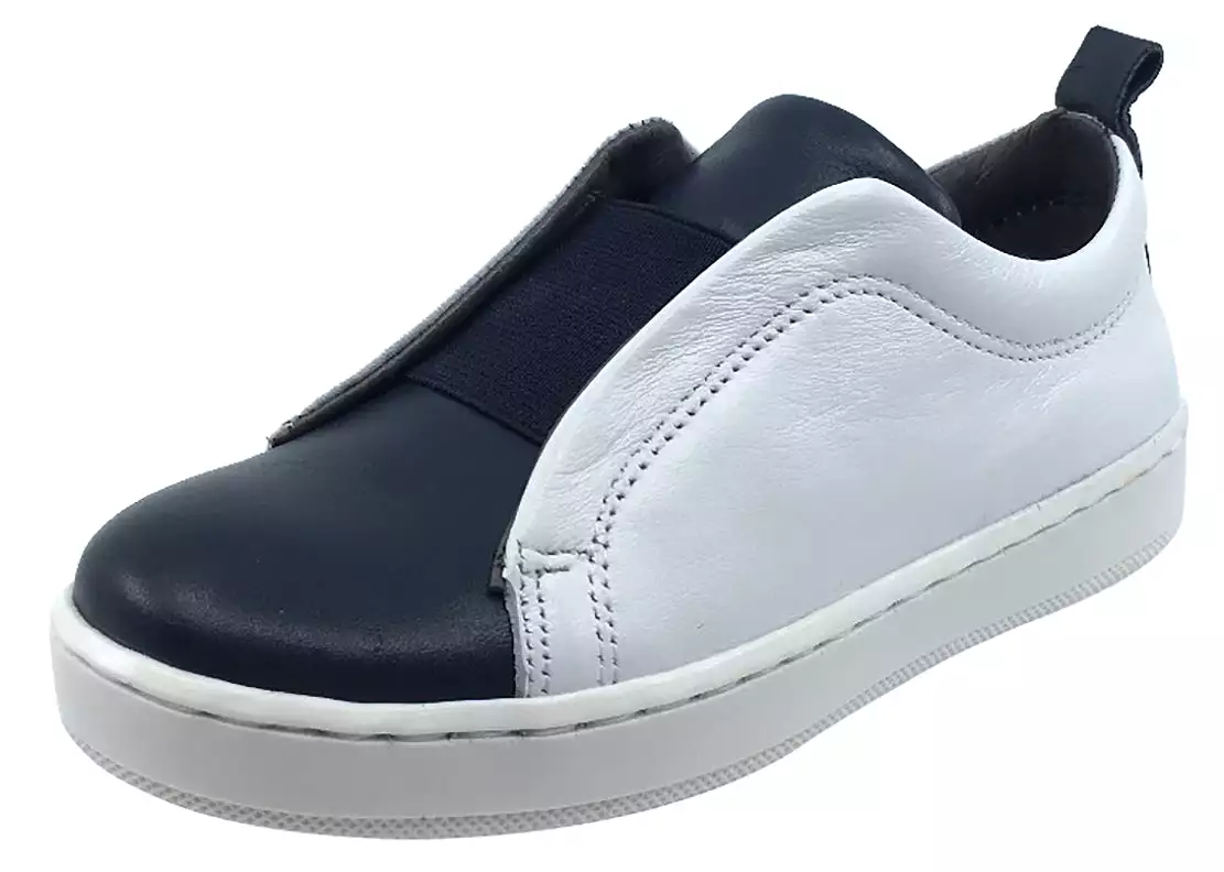 BluBlonc White and Navy Leather Sneaker Shoe with Elastic Middle