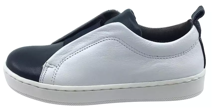 BluBlonc White and Navy Leather Sneaker Shoe with Elastic Middle