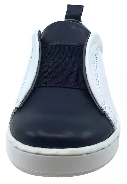 BluBlonc White and Navy Leather Sneaker Shoe with Elastic Middle