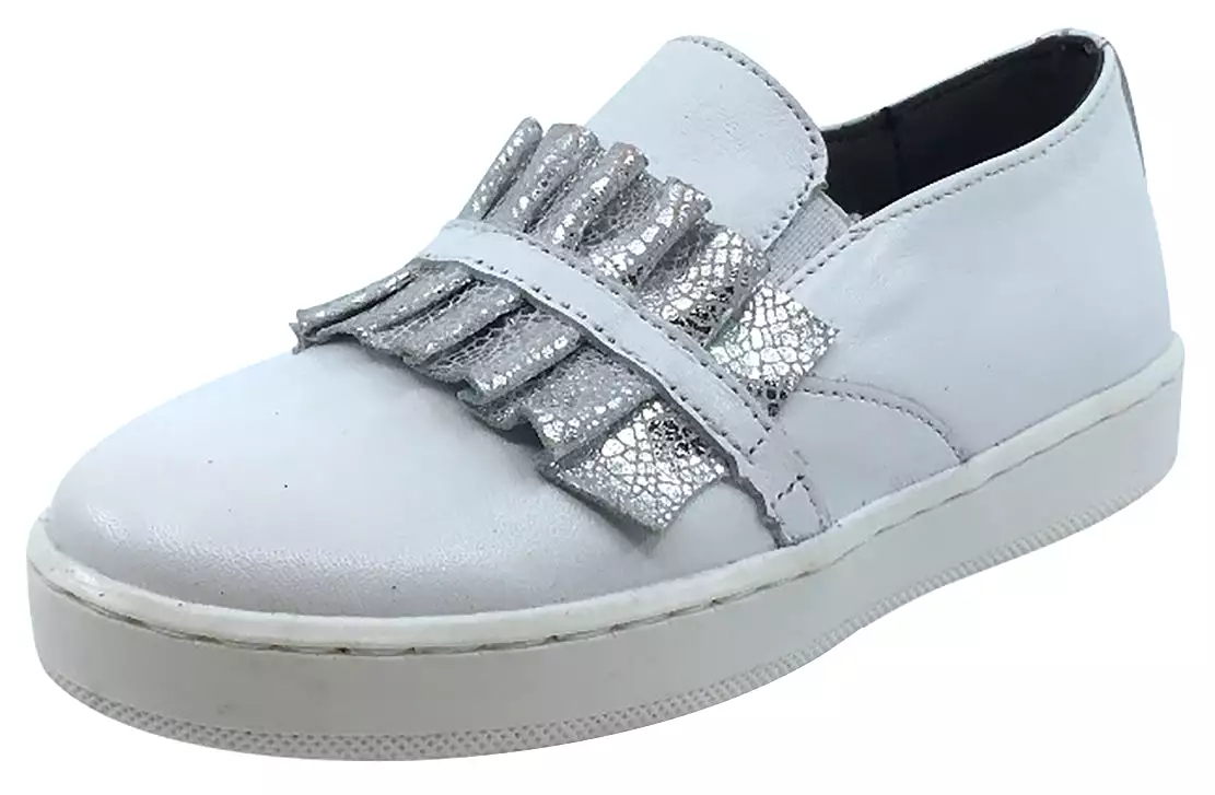 BluBlonc White Leather Sneaker with Silver Snake Print Ruffle Shoe