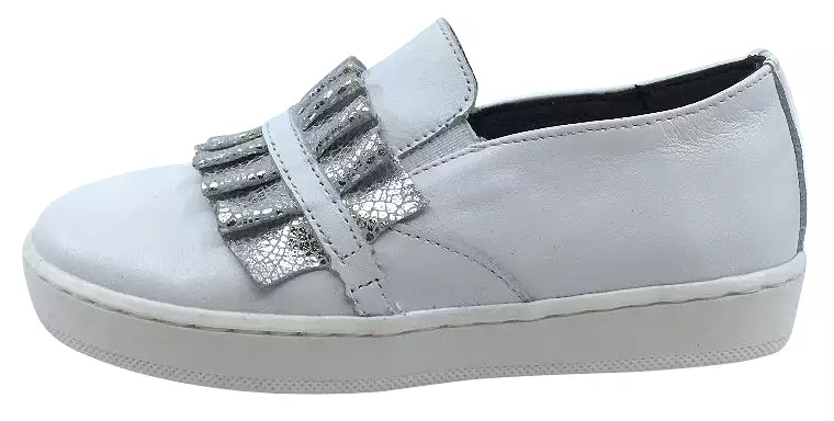 BluBlonc White Leather Sneaker with Silver Snake Print Ruffle Shoe