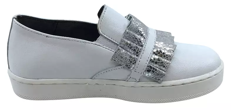 BluBlonc White Leather Sneaker with Silver Snake Print Ruffle Shoe