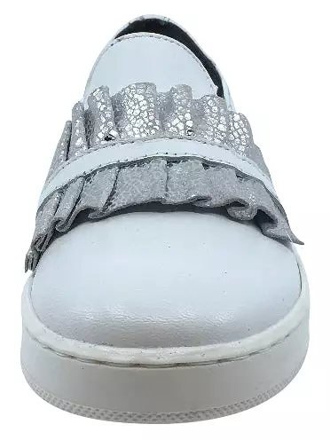 BluBlonc White Leather Sneaker with Silver Snake Print Ruffle Shoe