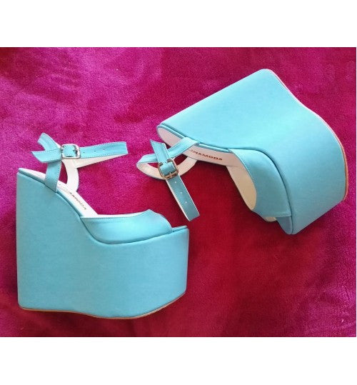 Blue Baby Wedge Heel Sandals with Black Platform - High Heel Shoes