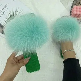 Blue-green Fur Slides Women's Summer House Slippers