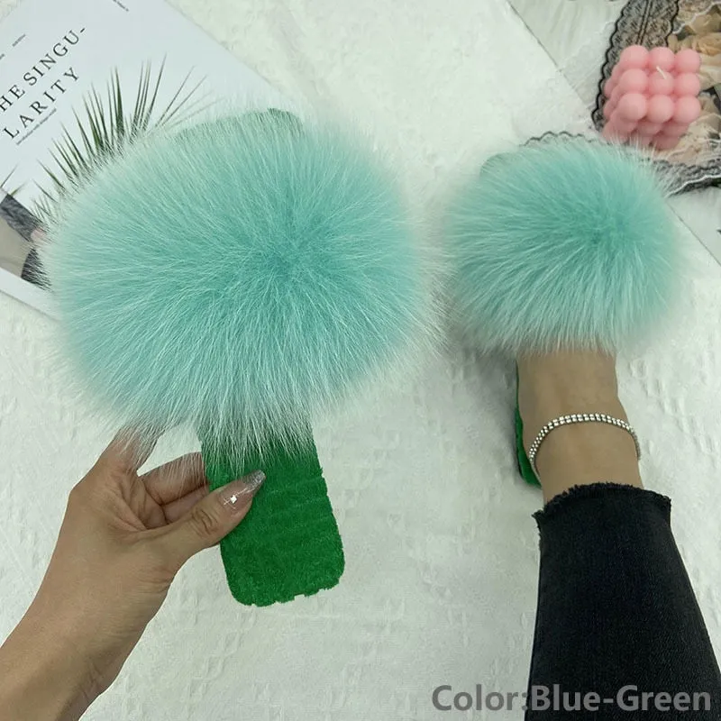 Blue-green Fur Slides Women's Summer House Slippers