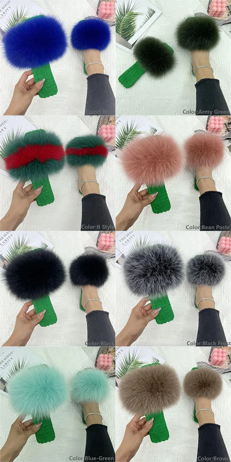 Blue-green Fur Slides Women's Summer House Slippers