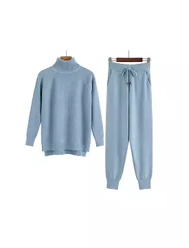 Blue Ribbed Long Sleeve Top and Jogging Pant Coord Set