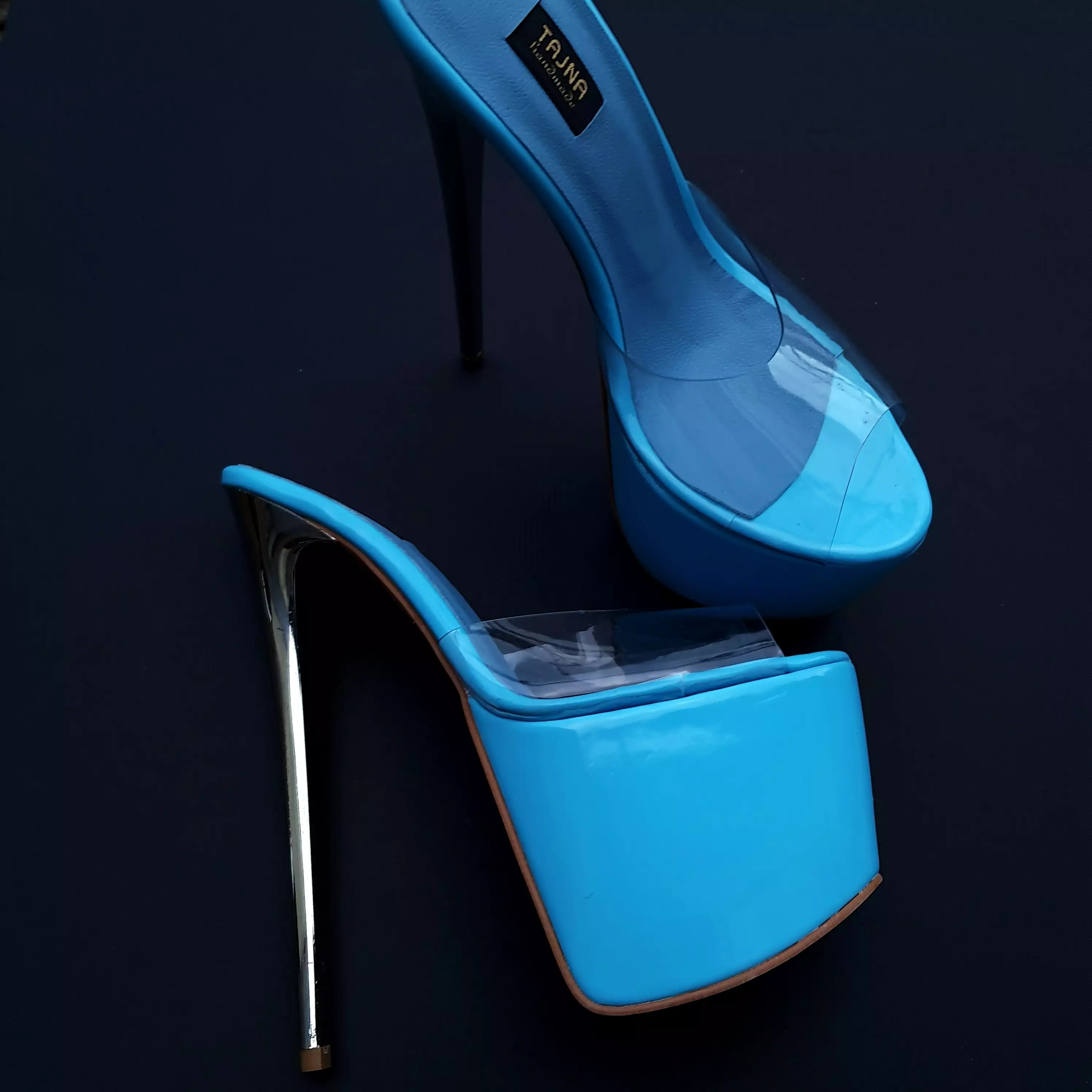 Blue Transparent Metallic Heel Mules