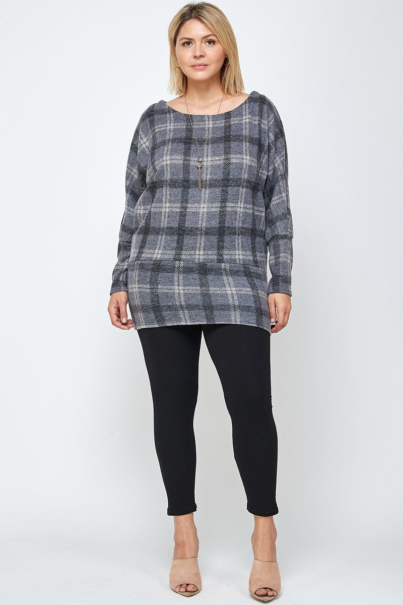 Boat Neck Plaid Print Tunic Top Long Dolman Sleeves