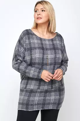 Boat Neck Plaid Print Tunic Top Long Dolman Sleeves