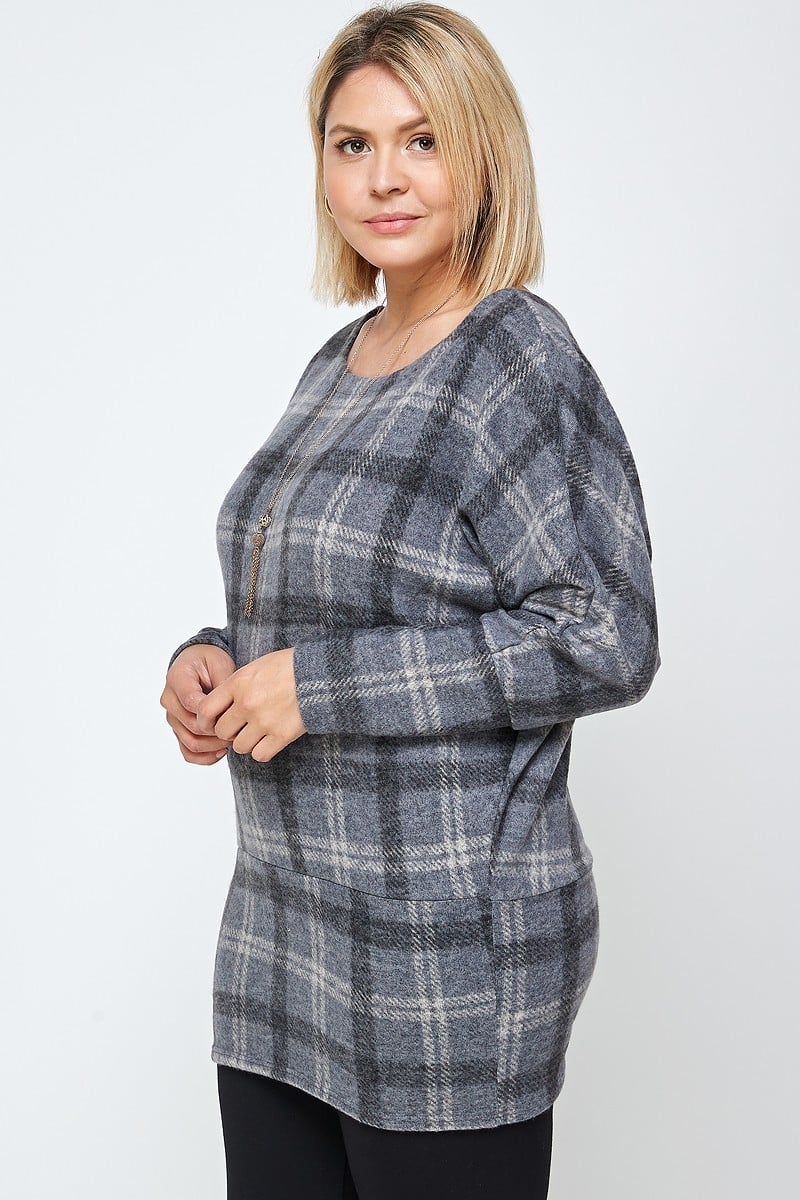 Boat Neck Plaid Print Tunic Top Long Dolman Sleeves